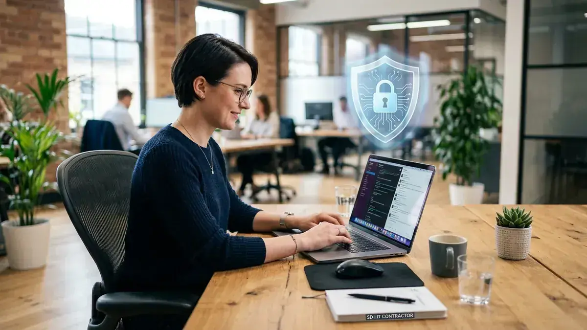 IT Freelancerin im Büro am Laptop