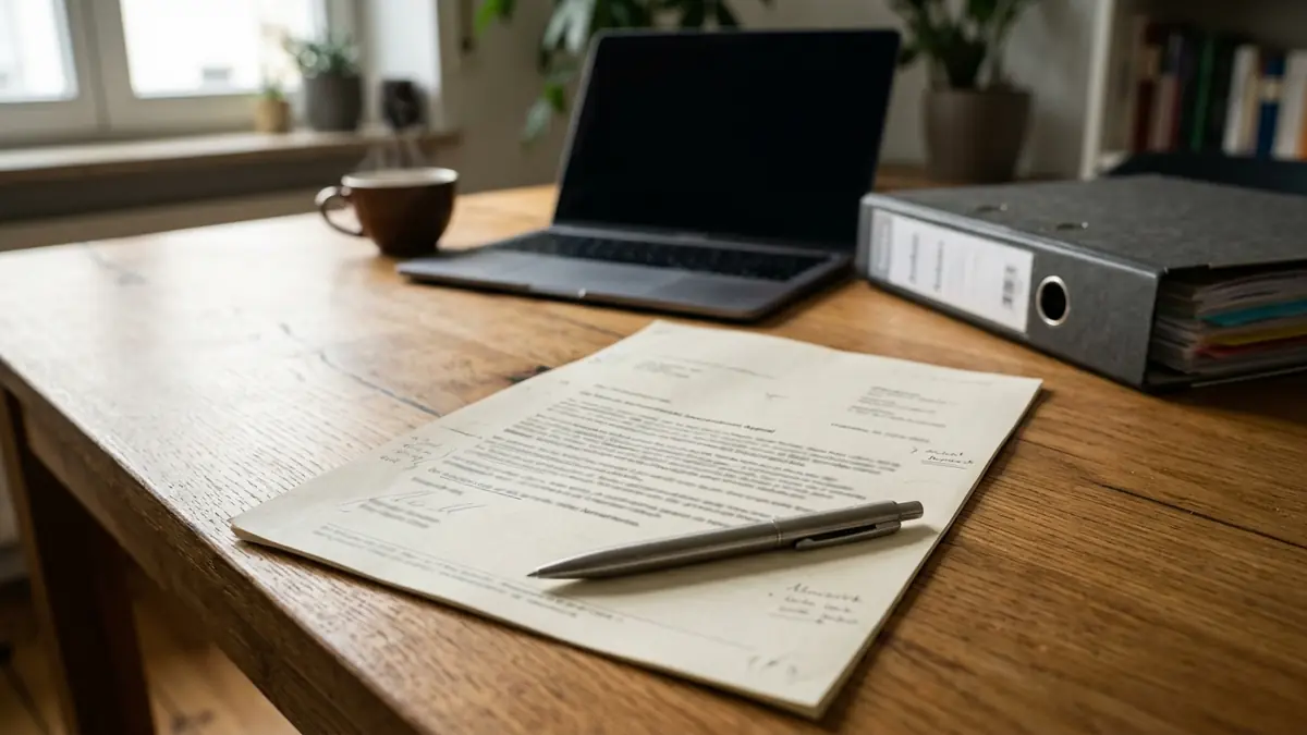 Ein Ablehnungsschreiben einer Versicherung mit Notizen am Rand, daneben ein Laptop und ein Ordner mit Unterlagen