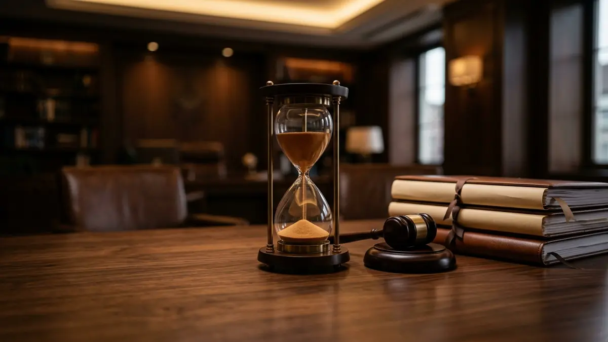 Eine Sanduhr neben einem Richterhammer und gestapelten Aktenordnern auf einem dunklen Holzschreibtisch