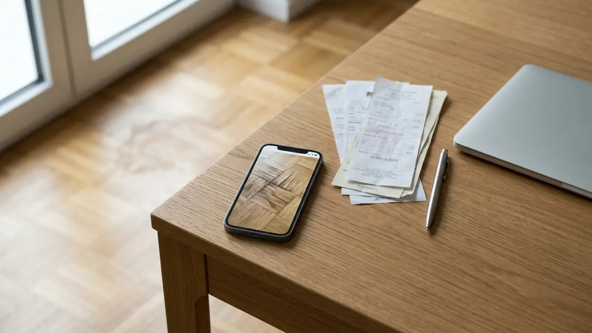 Ein Smartphone mit dem Foto eines Wasserschadens, Quittungen und ein Stift auf einem Küchentisch